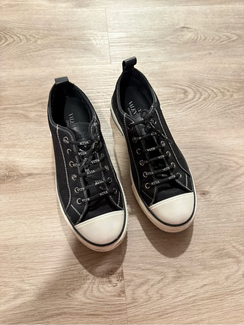 Valentino Garavani Black Canvas Low-Top Sneakers with White Toe Cap
